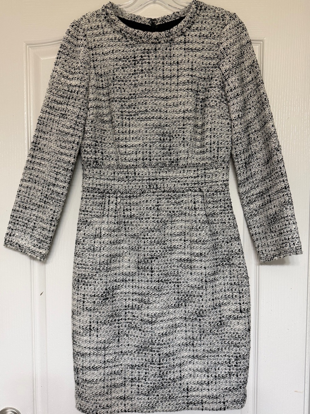 J.Crew Tweed Sheath Dress Sz 2 Black White Fringe Trim Long Sleeve Workwear